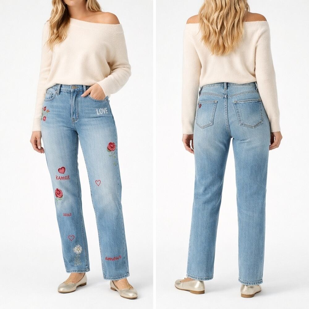 Driftwood Jordie Straight Leg Love Notes Embroidered Jeans Boho Size 16 J1816
